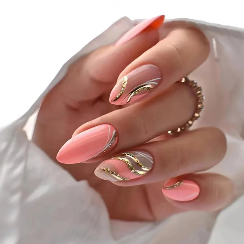 24 Peças Unhas Postiças Francesas Estilo Amêndoa