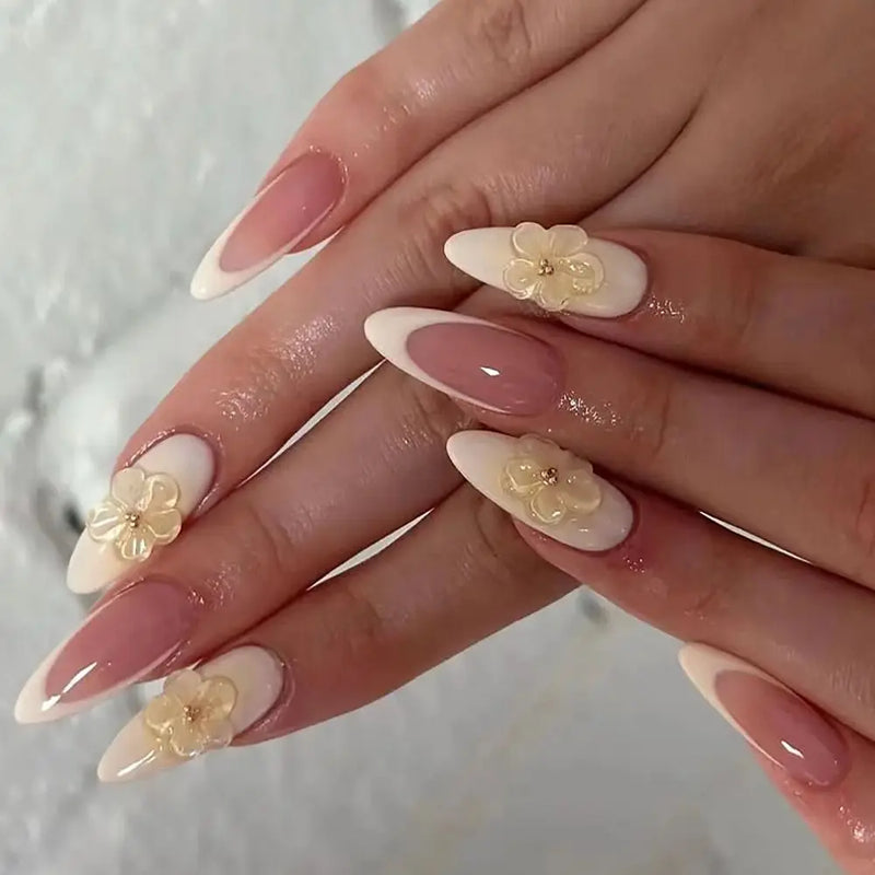 24 Peças Unhas Postiças Francesas Estilo Amêndoa