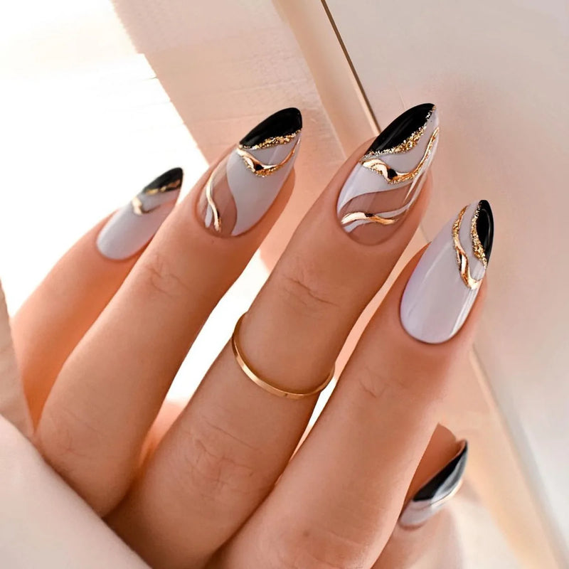 24 Peças Unhas Postiças Francesas Estilo Amêndoa