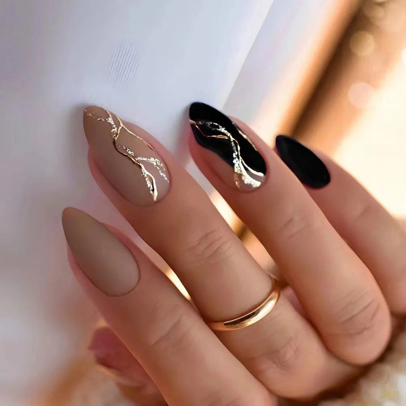 24 Peças Unhas Postiças Francesas Estilo Amêndoa