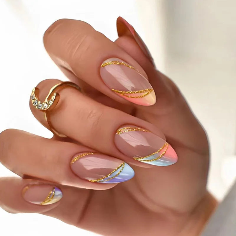 24 Peças Unhas Postiças Francesas Estilo Amêndoa