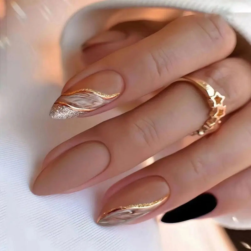 24 Peças Unhas Postiças Francesas Estilo Amêndoa