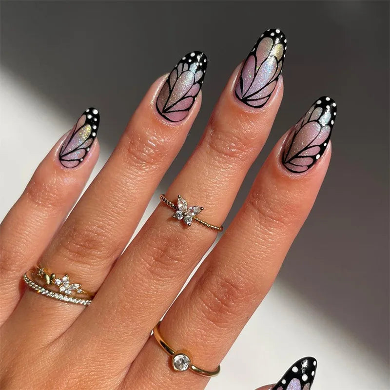 24 Peças Unhas Postiças Francesas Estilo Amêndoa